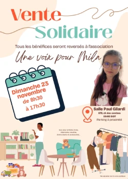 Dimanche 23 novembre 2025 : Vente solidaire au profit de l'association Une voix pour Mila