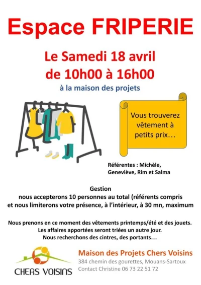 Samedi 18 avril 2026 : Friperie Chers Voisins