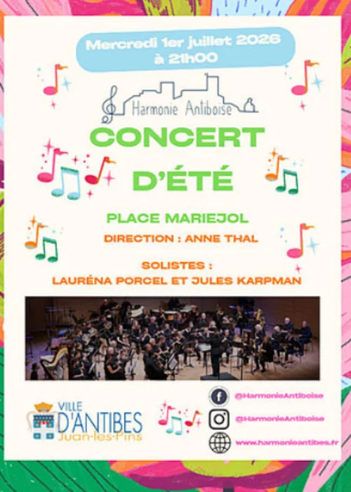 Mercredi 1er juillet 2026 : Concert d'été de l'Harmonie Antiboise